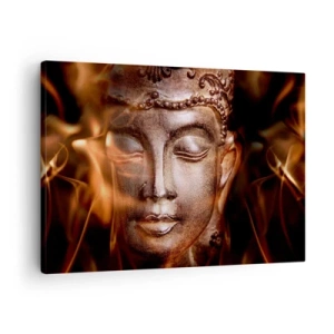 Impression sur toile - Image sur toile - Une statue de Bouddha au milieu de flammes aux teintes dorées - 70x50cm - Il n'existe qu'ici et maintenant - Décoration murale moderne pour le salon et la chambre ARTTOR