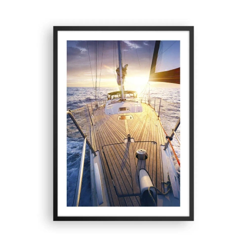 Affiche dans un cadre noir - Poster - Pont de yacht avec vue sur l'océan et le coucher du soleil - 50x70cm - Courir sur les vagues - Décoration murale moderne pour le salon et la chambre ARTTOR