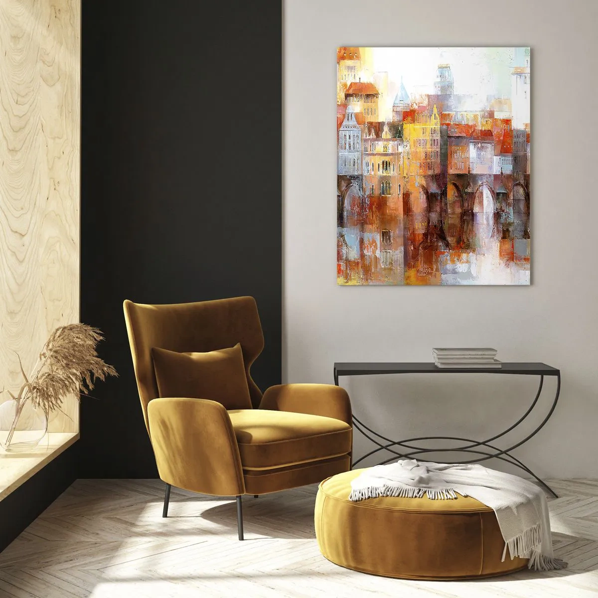 Impression sur verre - Image sur verre - Un panorama pittoresque de la ville avec un pont aux couleurs d'automne - 70x100cm - C'est aussi beau sous le pont - Décoration murale moderne pour le salon et la chambre ARTTOR