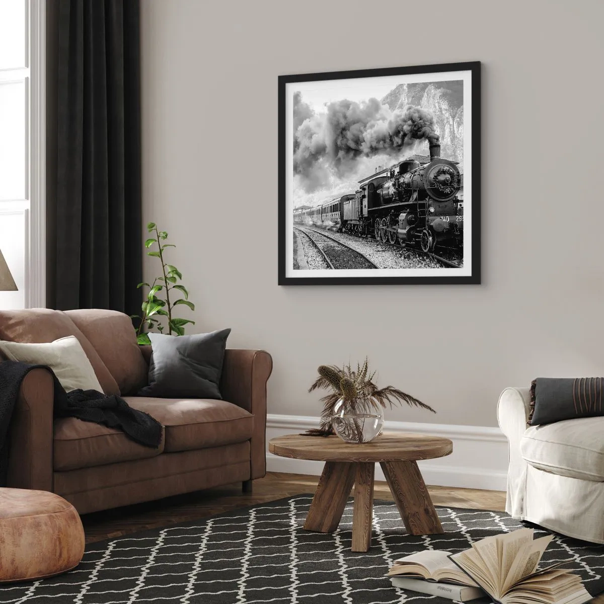 Affiche dans un cadre noir - Poster - Attend à la gare... - 50x50 cm