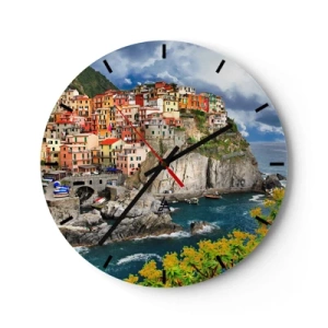 Horloge murale - Pendule murale - Une ville colorée sur une falaise au bord de la mer - 30x30cm - Un groupe embrassant les rochers - Décoration murale moderne pour le salon, la cuisine et la chambre ARTTOR