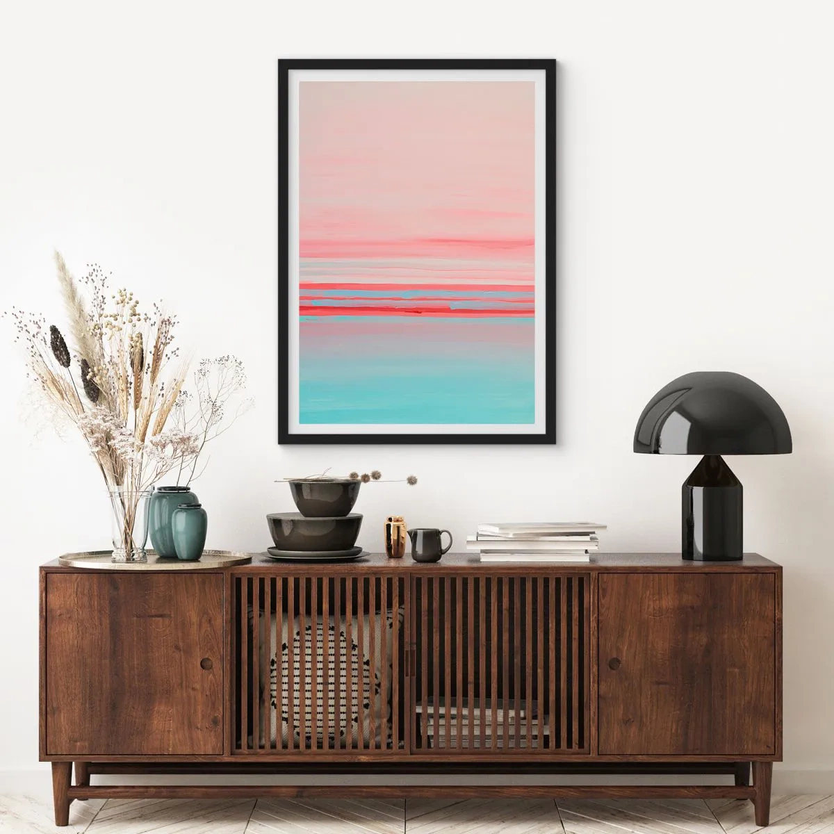 Affiche dans un cadre noir - Poster - Une abstraction délicate dans des tons pastel de rose et de bleu. - 50x70cm - Abstraction à l'aube - Décoration murale moderne pour le salon et la chambre ARTTOR