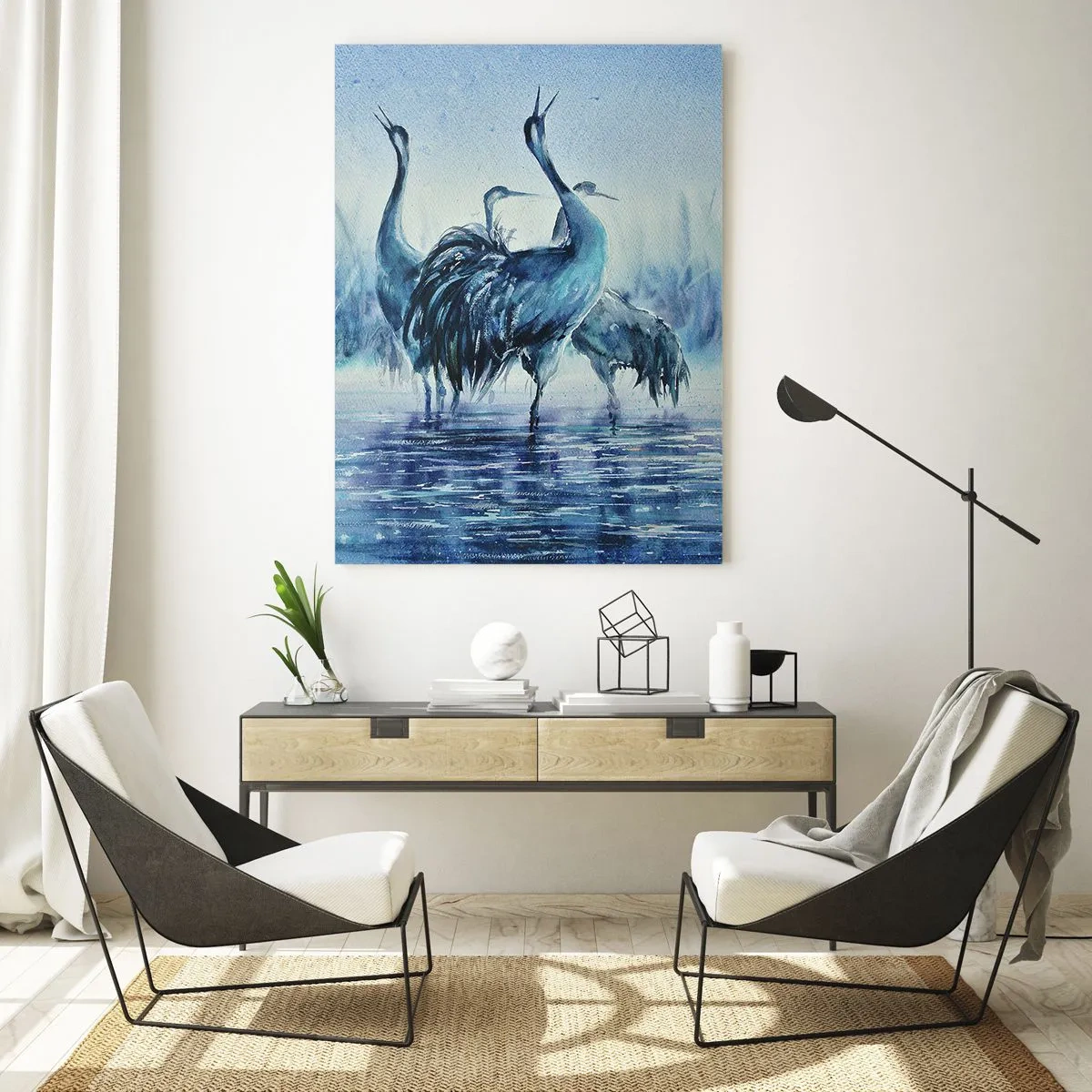 Impression sur verre - Image sur verre - Grues sur fond de brouillard et d'eau dans des tons bleus - 80x120cm - Réunion matinale - Décoration murale moderne pour le salon et la chambre ARTTOR