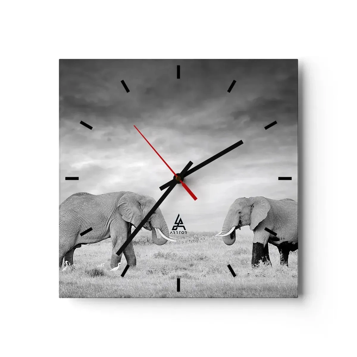 Horloge murale - Pendule murale - Deux éléphants sur fond de savane africaine - 30x30cm - Le gris est beau - Décoration murale moderne pour le salon et la chambre ARTTOR