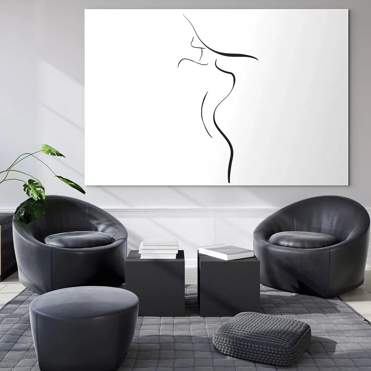 Impression sur verre - Image sur verre - Contour minimaliste d'une silhouette féminine en noir et blanc - 70x50cm - Insaisissable comme une vague - Décoration murale moderne pour le salon et la chambre ARTTOR