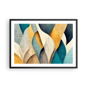 Affiche dans un cadre noir - Poster - Vagues abstraites dans des tons de bleu et d'or - 70x50cm - Rythme et vague - Décoration murale moderne pour le salon et la chambre ARTTOR