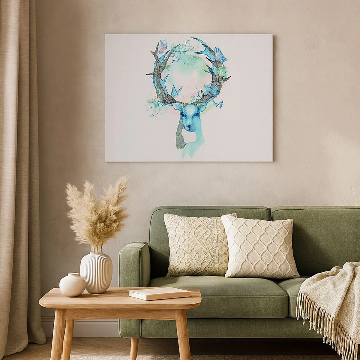 Impression sur toile - Image sur toile - Un graphique de cerf fantaisiste avec un motif de nature et de papillon - 70x50cm - La force et la délicatesse de la nature - Décoration murale moderne pour le salon et la chambre ARTTOR