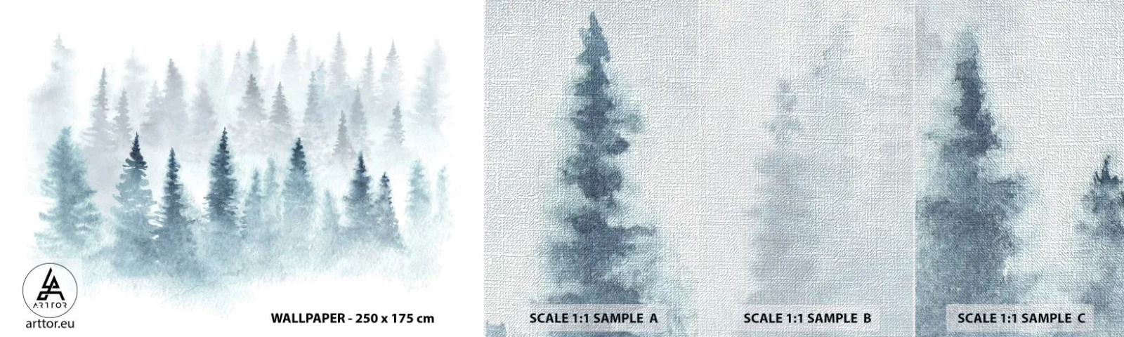 Échantillon de Papier Peint Premium Canvas - Enveloppé de brouillard - Paysage, Forêt, Épicéa - 100x30 cm