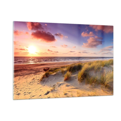 Impression sur verre - Image sur verre - Plage avec dunes au coucher du soleil - 120x80cm - L'air sent déjà l'été - Décoration murale moderne pour le salon et la chambre ARTTOR