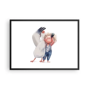 Affiche dans un cadre noir - Poster - Illustration d'un enfant avec un pélican et un télescope à la main - 70x50cm - Plan de grand voyage - Décoration murale moderne pour le salon et la chambre ARTTOR