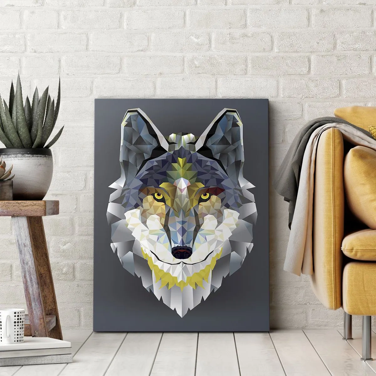 Impression sur toile - Image sur toile - Image géométrique d'un loup sur fond gris - 50x70cm - On parle du loup - Décoration murale moderne pour le salon et la chambre ARTTOR