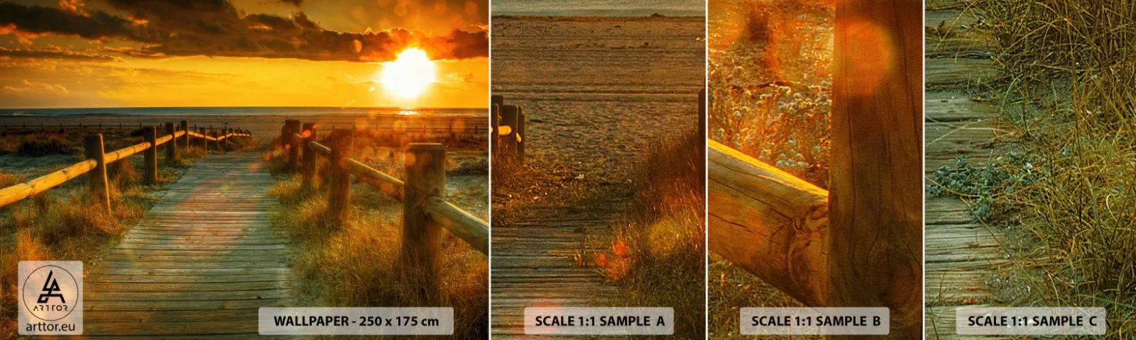 Échantillon De Papier Peint Standard Eco - Baigné dans le vieil or - Paysage, Mer, Descente à la plage - 100x30 cm