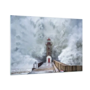 Impression sur verre - Image sur verre - Un phare est frappé par une puissante vague. - 100x70cm - Le rugissement des eaux, le bruit soufflera - Décoration murale moderne pour le salon et la chambre ARTTOR