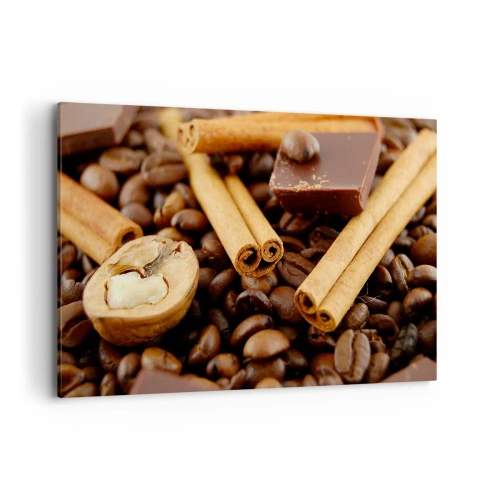 Impression sur toile - Image sur toile - Grains de café avec bâtons de cannelle, chocolat et noix. - 120x80cm - Concert d'aromates - Décoration murale moderne pour le salon et la chambre ARTTOR