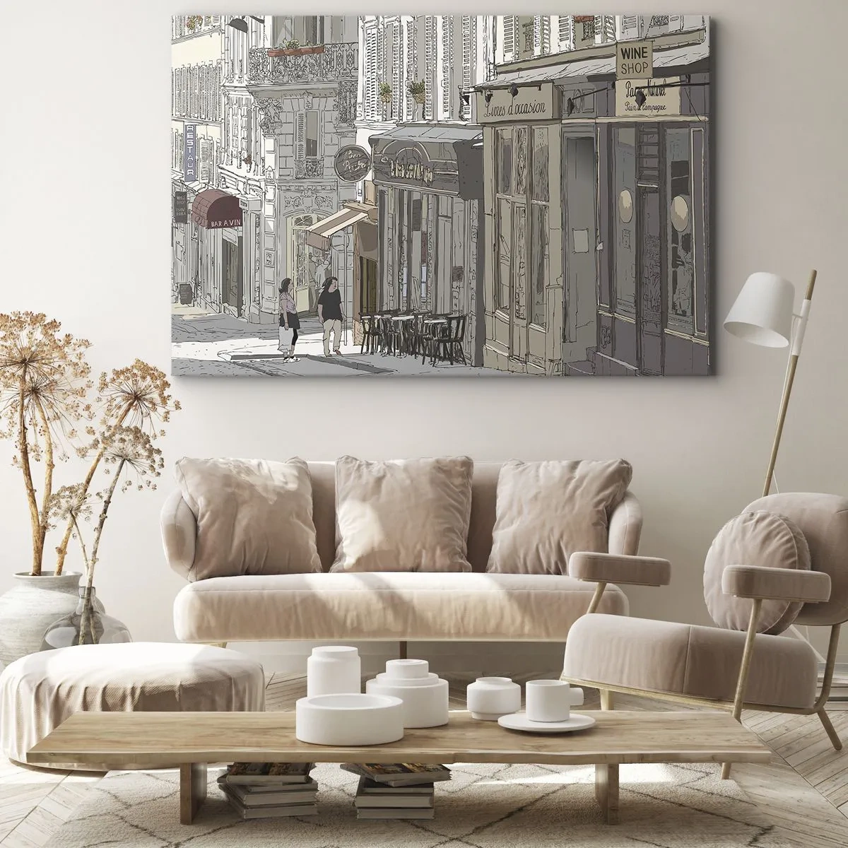 Impression sur toile - Image sur toile - Illustration d'une rue de la ville avec des cafés et des magasins - 120x80cm - Joie de la ville - Décoration murale moderne pour le salon et la chambre ARTTOR