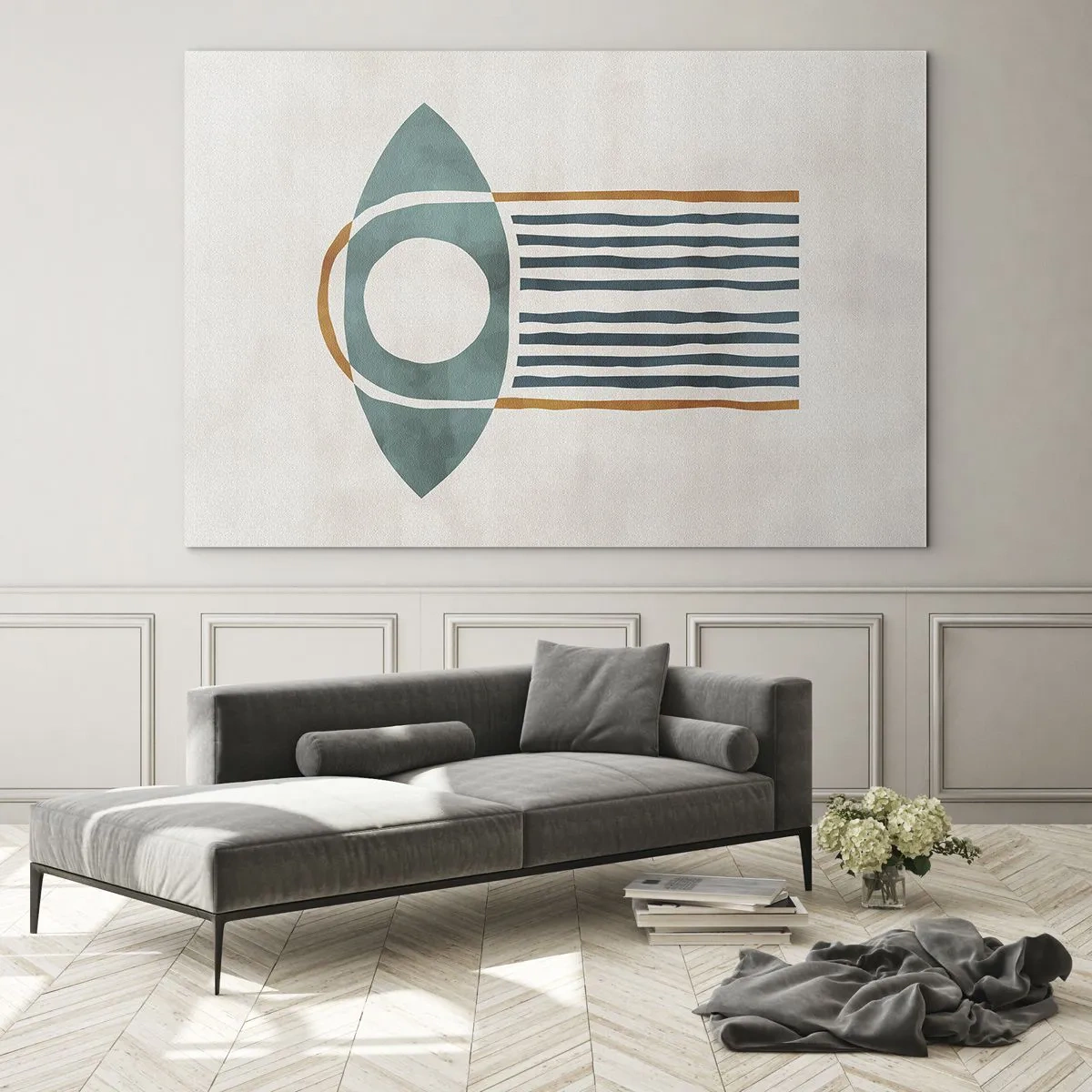 Impression sur verre - Image sur verre - Forme géométrique avec un cercle et des lignes dans les tons de vert et de rouge. - 70x50cm - Signes et rituels - Décoration murale moderne pour le salon et la chambre ARTTOR