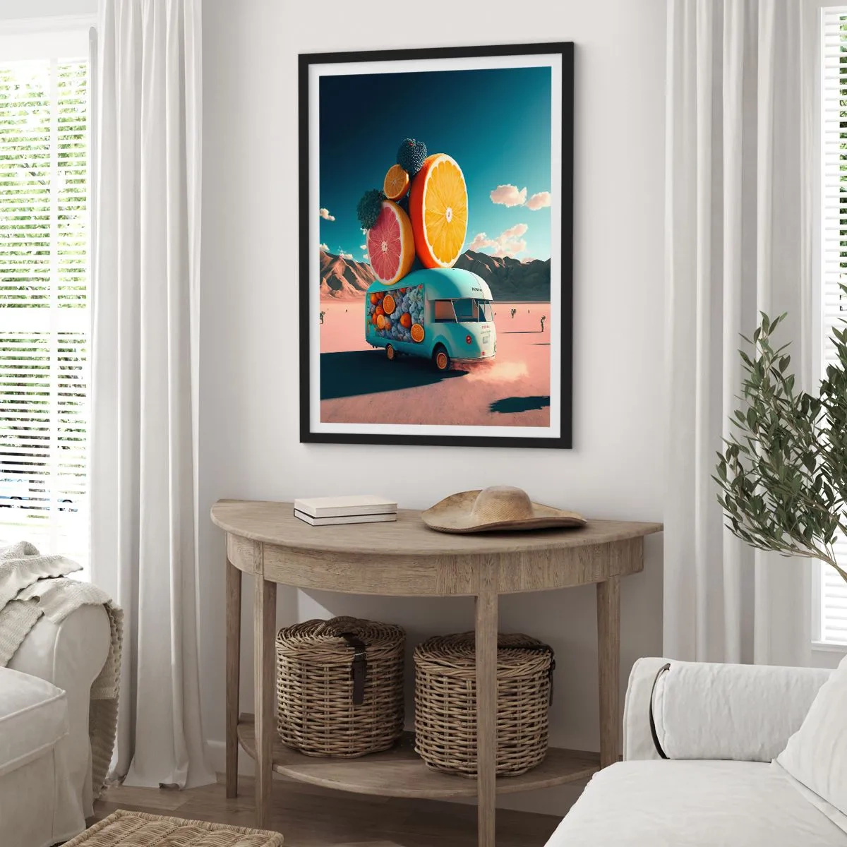 Affiche dans un cadre noir - Poster - Camion de fruits de fantaisie dans le désert - 50x70cm - Le goût des vacances - Décoration murale moderne pour le salon et la chambre ARTTOR