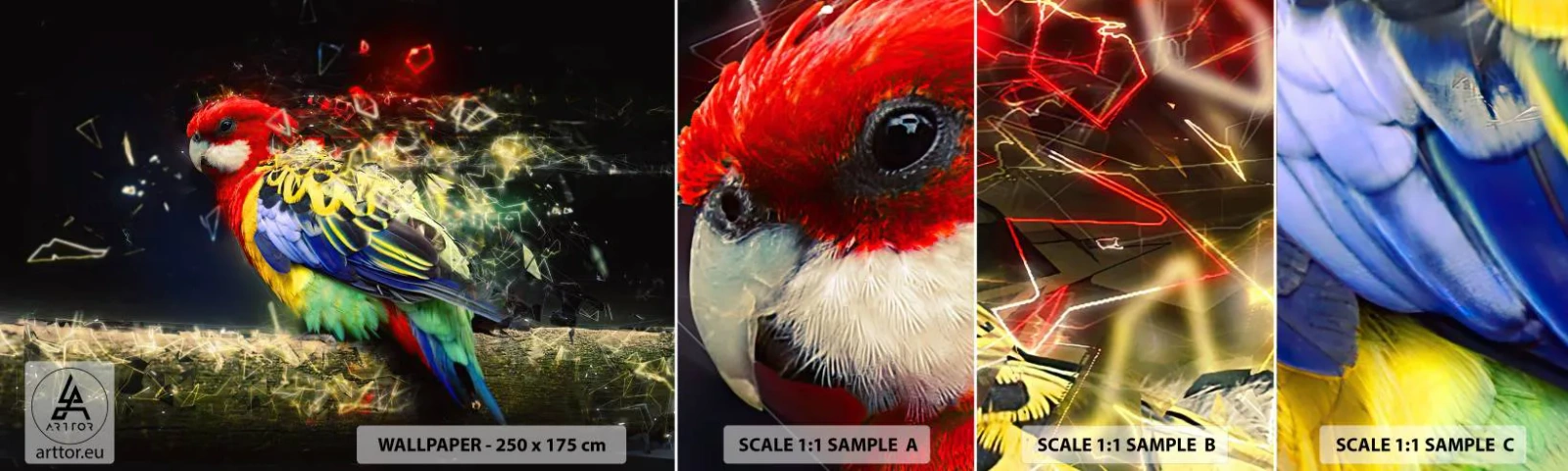 Échantillon de Papier Peint Autocollant Deluxe Sticker - Messager d'éclat - Abstraction, Perroquet, Oiseau - 100x30 cm