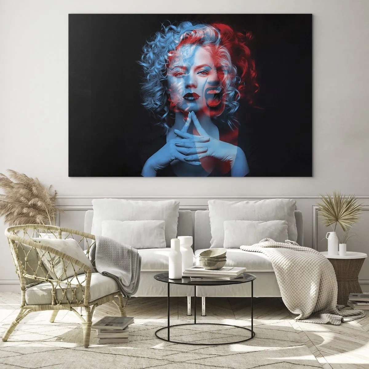 Impression sur verre - Image sur verre - Portrait d'une femme avec un effet de changement de couleur, dans les tons bleus et rouges - 120x80cm - Alter ego - Décoration murale moderne pour le salon et la chambre ARTTOR