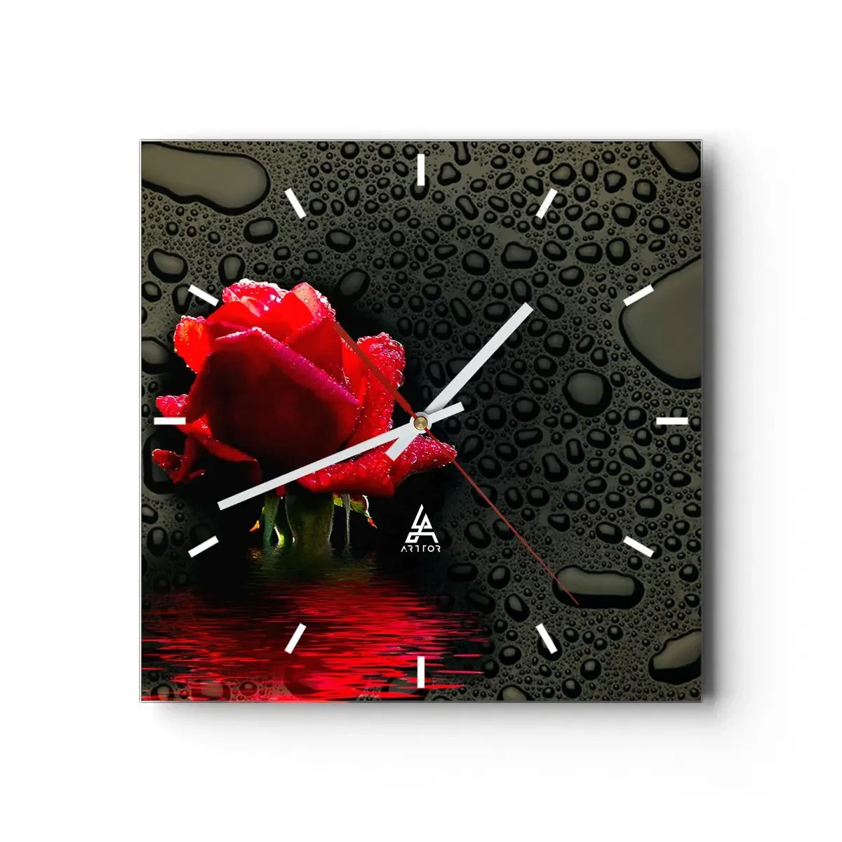 Horloge murale - Pendule murale - Rose rouge avec des gouttes d'eau sur un fond sombre - 30x30cm - Rouge et noir - Décoration murale moderne pour le salon et la chambre ARTTOR