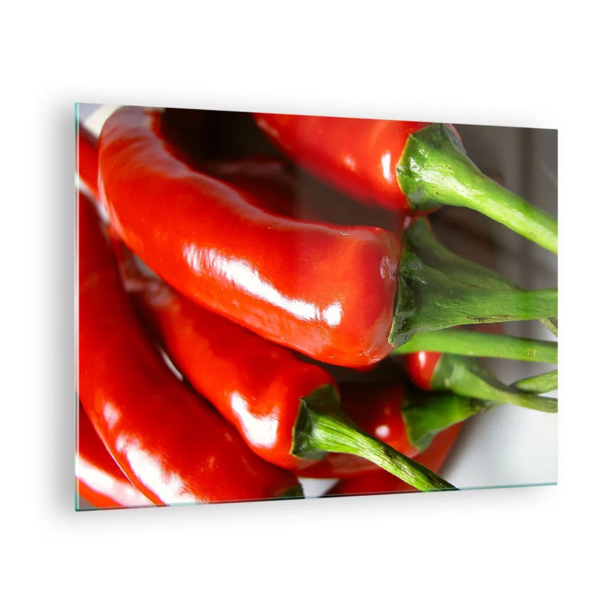 Impression sur verre - Image sur verre - Piments rouges avec des tiges vertes - 70x50cm - Juteux, brillant, lisse - Décoration murale moderne pour le salon et la chambre ARTTOR