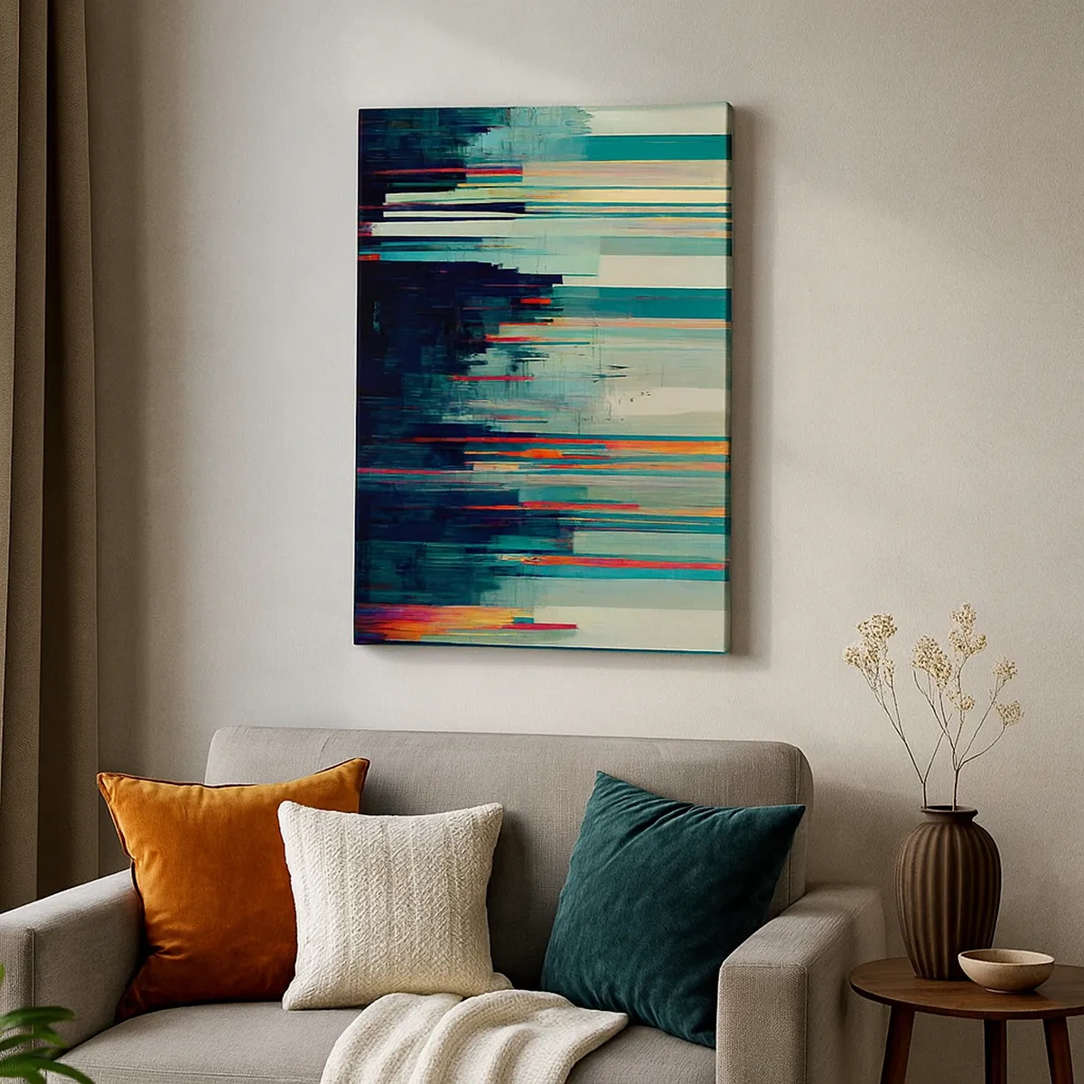 Impression sur toile - Image sur toile - Abstraction avec des lignes verticales et un horizon urbain - 50x70cm - Ville futuriste - Décoration murale moderne pour le salon et la chambre ARTTOR