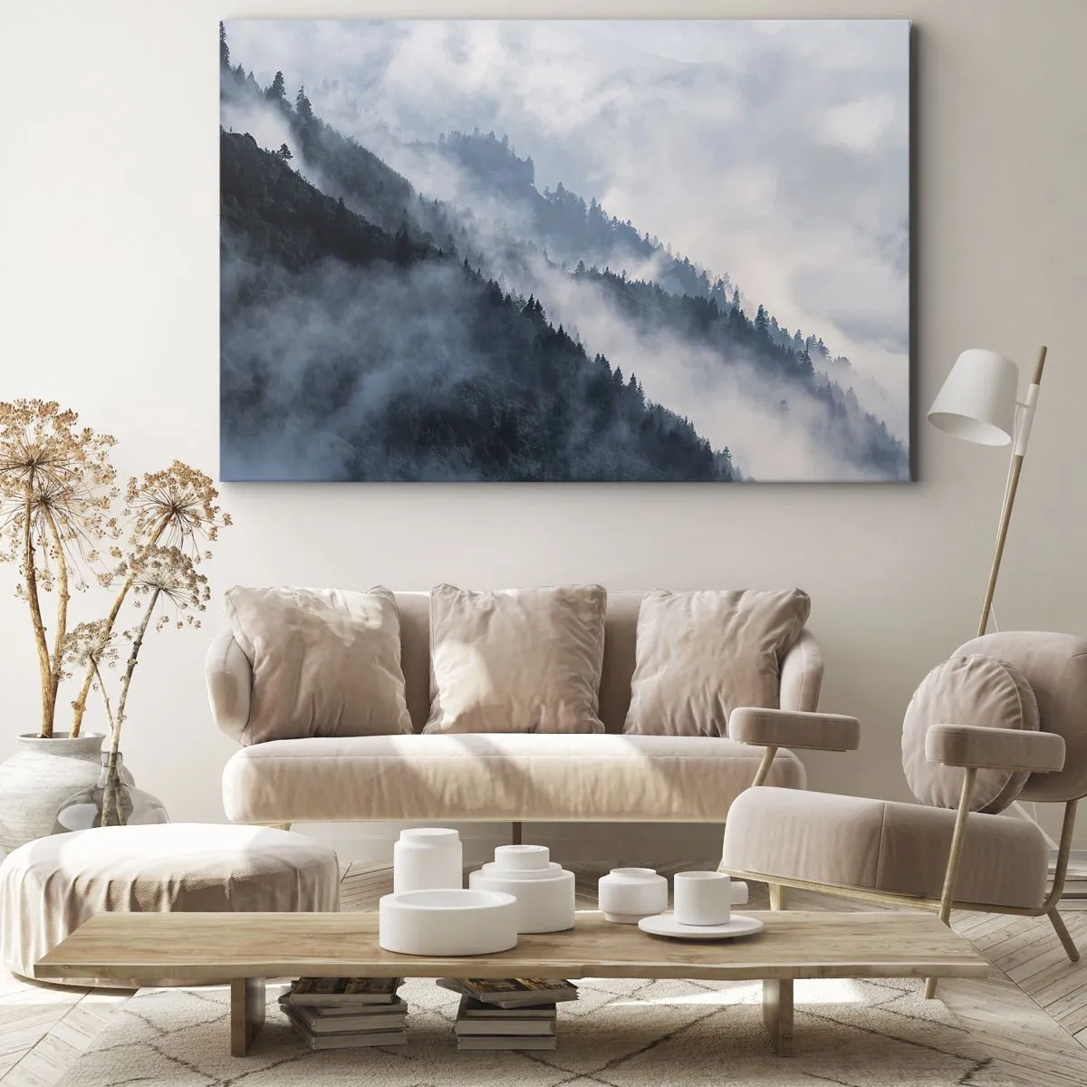 Impression sur toile - Image sur toile - Le brouillard plane sur les flancs boisés des montagnes dans un paysage mystérieux - 120x80cm - Mysticisme des montagnes - Décoration murale moderne pour le salon et la chambre ARTTOR