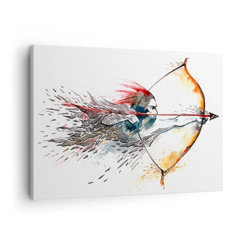 Impression sur toile - Image sur toile - Aquarelle dynamique d'un guerrier avec un arc et des flèches - 70x50cm - Guerrier mythique avec un arc de feu - Décoration murale moderne pour le salon et la chambre ARTTOR