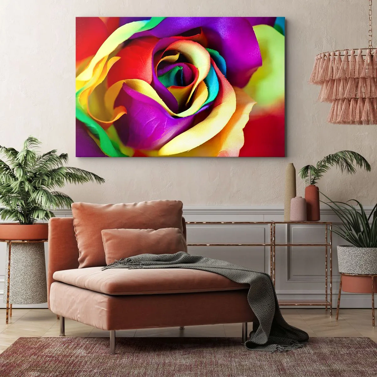 Impression sur toile - Image sur toile - Une rose colorée aux nuances de l'arc-en-ciel - 120x80cm - Ce n'est pas possible - Décoration murale moderne pour le salon et la chambre ARTTOR