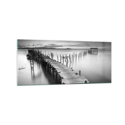 Impression sur verre - Image sur verre - Une jetée en bois sur un lac calme dans des tons de gris - 120x50cm - La paix d'un rivage oublié - Décoration murale moderne pour le salon et la chambre ARTTOR