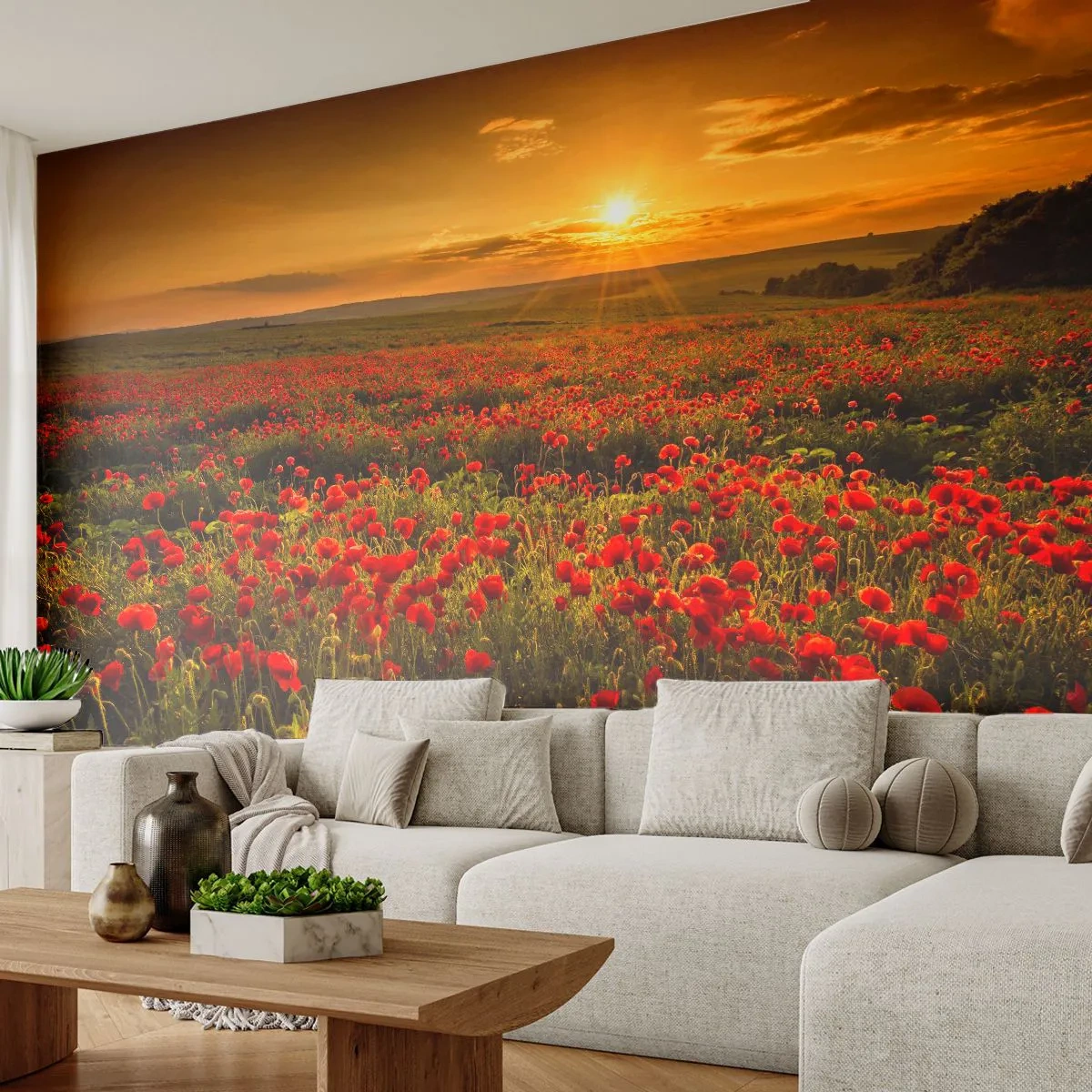 Papier Peint Photo Premium Sand - Un champ de coquelicots au coucher du soleil - 100x70cm - Parmi les vagues des prairies bruissantes, parmi les fleurs du déluge - Décoration murale moderne pour le salon et la chambre ARTTOR