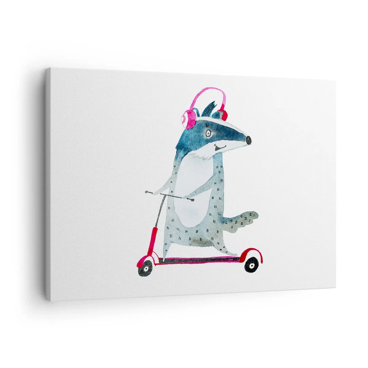 Impression sur toile - Image sur toile - Blaireau sur un scooter avec des écouteurs roses - 70x50cm - La joie du blaireau - Décoration murale moderne pour le salon et la chambre ARTTOR