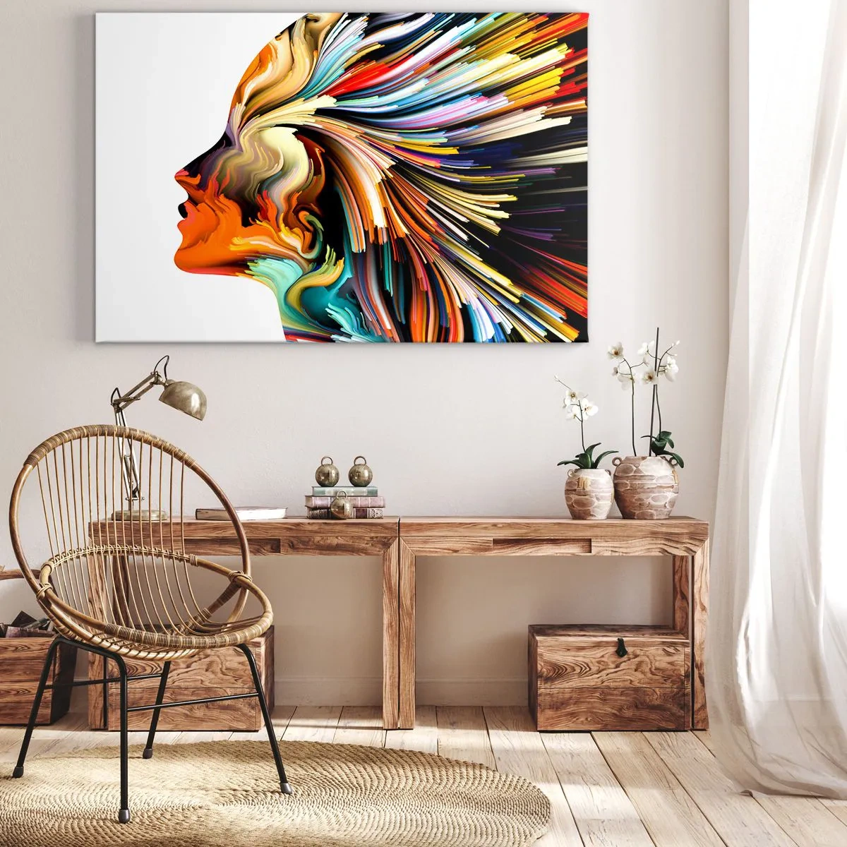 Impression sur toile - Image sur toile - Profil de visage abstrait avec des lignes dynamiques colorées. - 70x50cm - Une explosion d'imaginaire - Décoration murale moderne pour le salon et la chambre ARTTOR