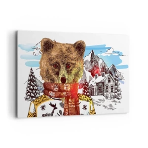 Impression sur toile - Image sur toile - Un ours en pull et écharpe avec une maison de montagne en arrière-plan - 120x80cm - La cabane aux ours - Décoration murale moderne pour le salon et la chambre ARTTOR