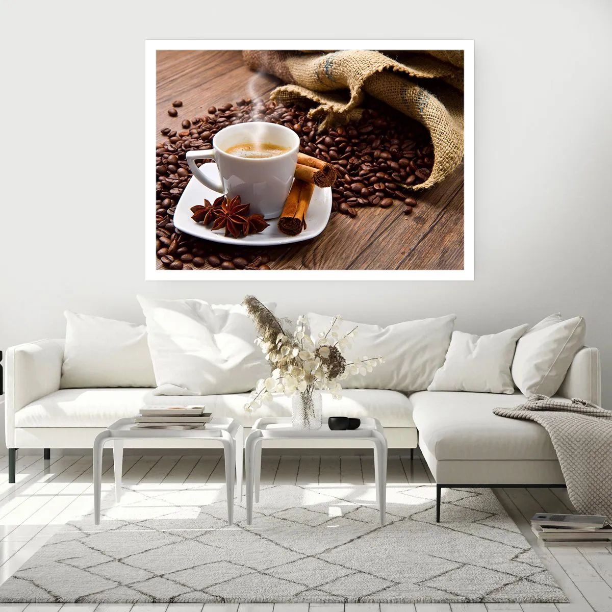 Affiche - Poster - Une tasse de café à la cannelle et à l'anis sur un fond de grains de café - 100x70cm - Saveur et arôme épicés - Décoration murale moderne pour le salon et la chambre ARTTOR