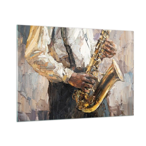 Impression sur verre - Image sur verre - Un musicien jouant du saxophone peint en utilisant la technique de l'empâtement - 100x70cm - C'est l'heure du solo - Décoration murale moderne pour le salon et la chambre ARTTOR
