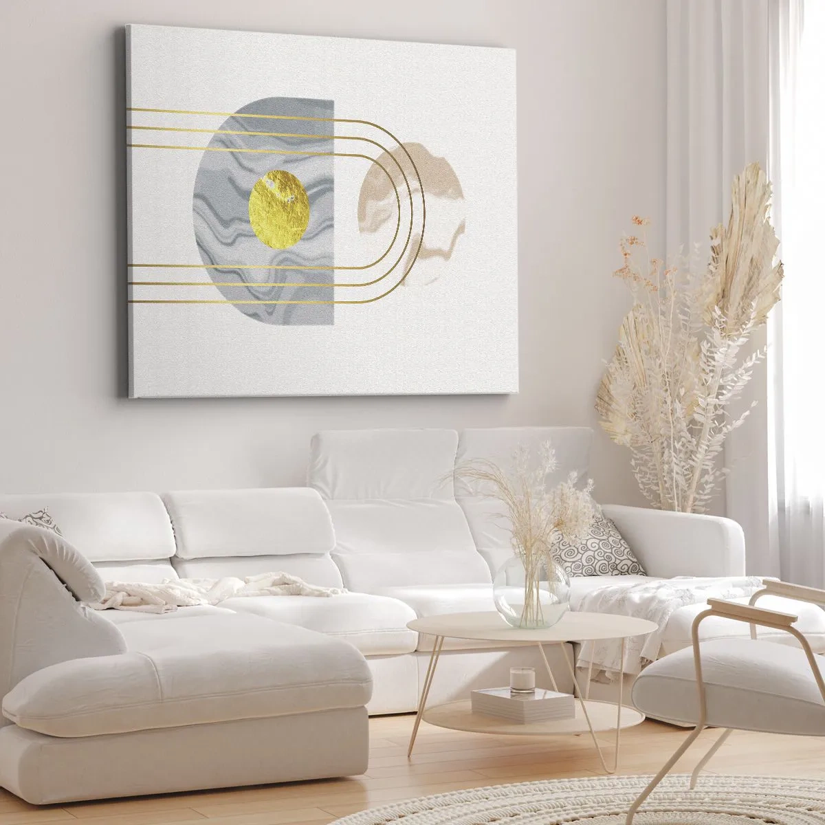 Impression sur toile - Image sur toile - Composition abstraite avec des cercles et des lignes dorées sur fond clair. - 120x80cm - Clareté et brillance - Décoration murale moderne pour le salon et la chambre ARTTOR