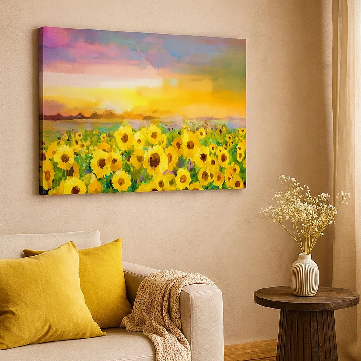 Impression sur toile - Image sur toile - Un champ de tournesols à la lumière du soleil couchant - 70x50cm - Le soleil lui-même est descendu sur terre - Décoration murale moderne pour le salon et la chambre ARTTOR