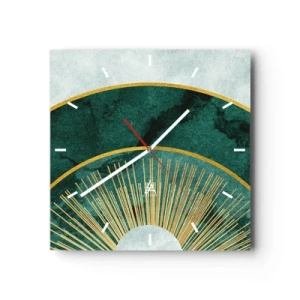 Horloge murale - Pendule murale - Motif abstrait avec des cercles aux couleurs émeraude et or. - 30x30cm - Un autre système solaire - Décoration murale moderne pour le salon et la chambre ARTTOR