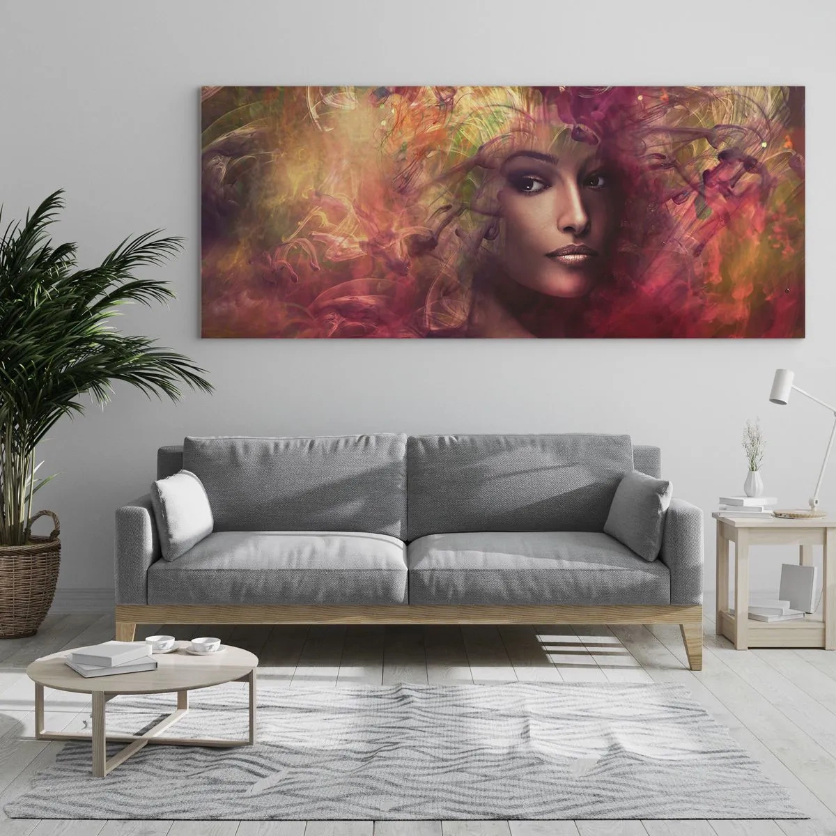 Impression sur verre - Image sur verre - Une femme aux couleurs abstraites créant un arrière-plan dynamique - 160x50cm - Je suis ici! - Décoration murale moderne pour le salon et la chambre ARTTOR