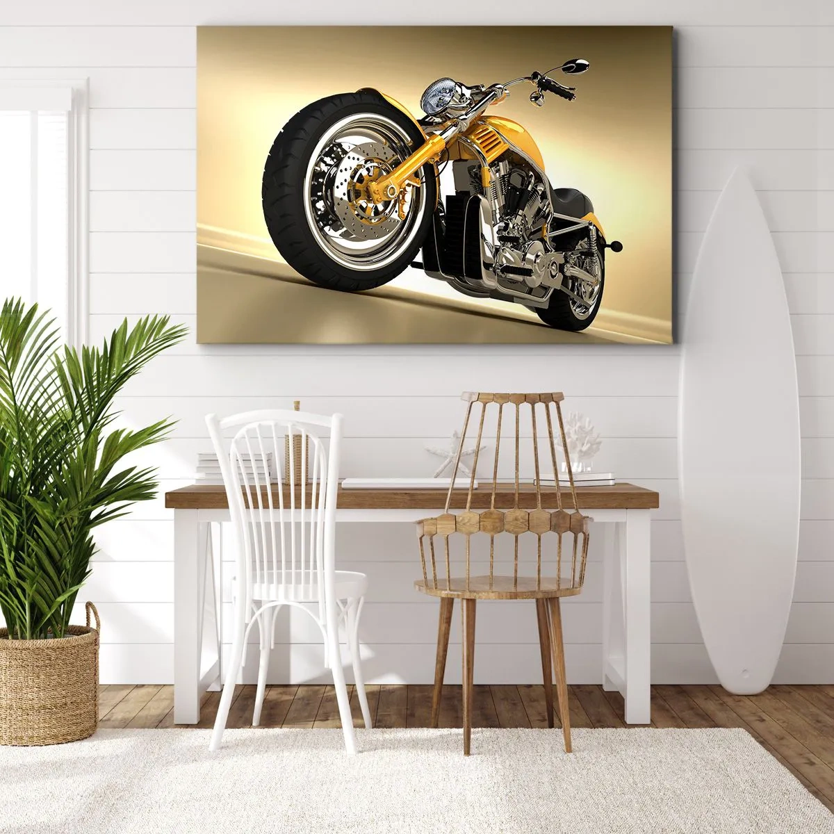 Impression sur toile - Image sur toile - Une moto jaune de style chopper contre un mur beige - 70x50cm - Un rêve de force et de vitesse - Décoration murale moderne pour le salon et la chambre ARTTOR
