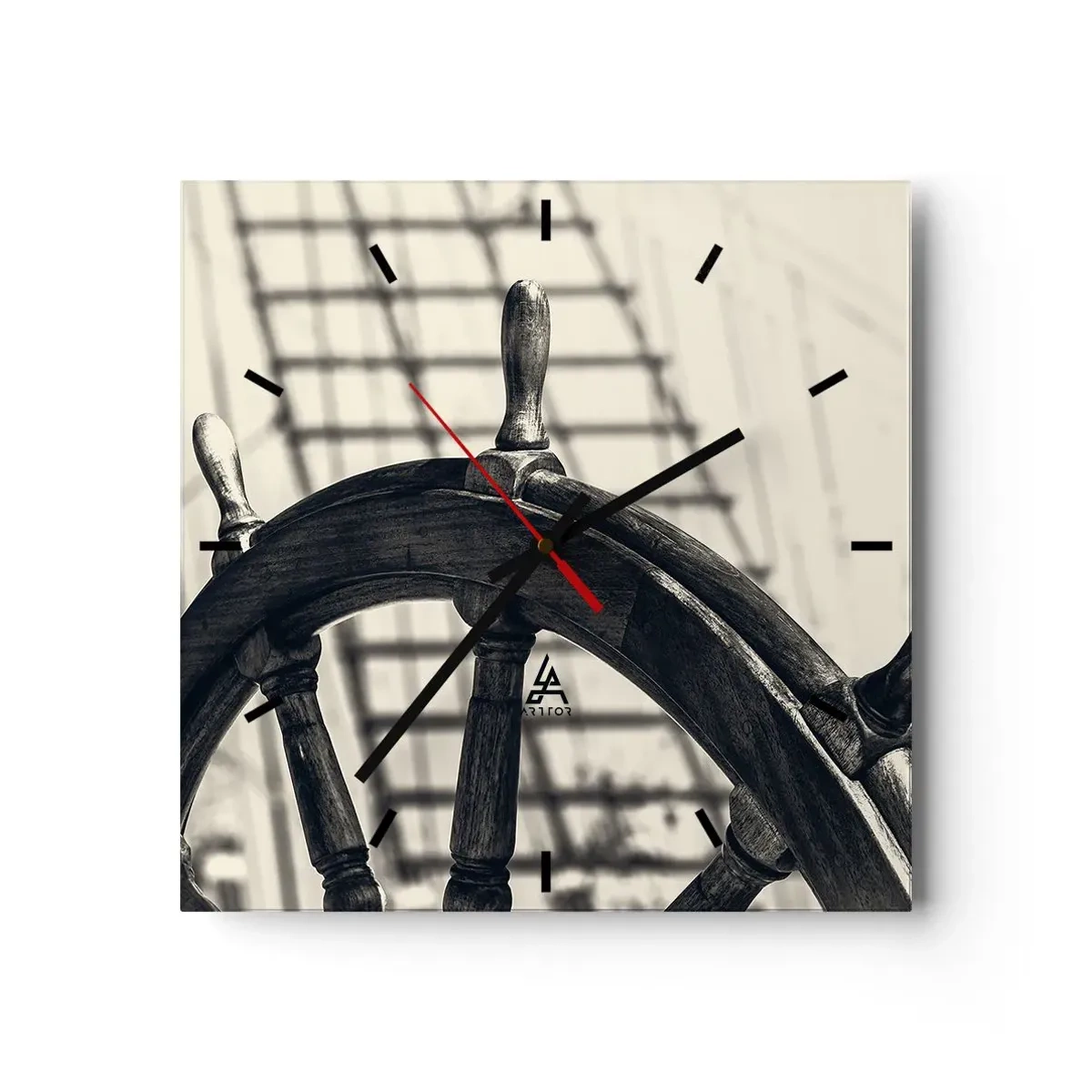 Horloge murale - Pendule murale - Un gouvernail de style rétro avec un navire en arrière-plan - 30x30cm - Histoires de mer - Décoration murale moderne pour le salon et la chambre ARTTOR