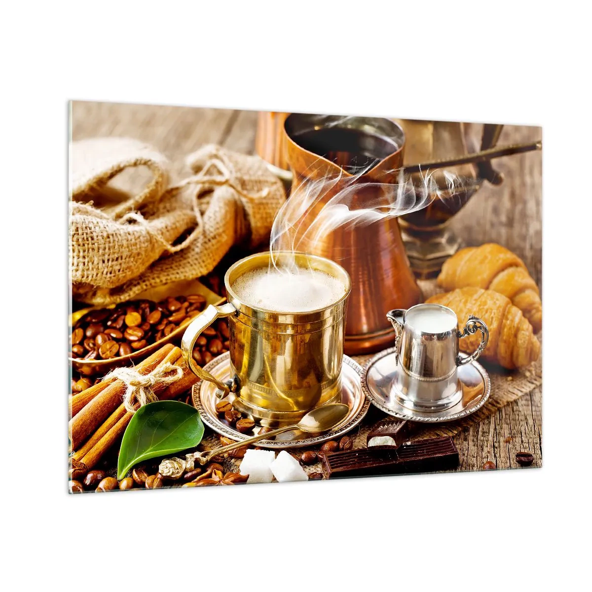 Impression sur verre - Image sur verre - Une tasse de café dorée avec du lait entourée de céréales et de croissants - 100x70cm - Bonne journée! - Décoration murale moderne pour le salon et la chambre ARTTOR