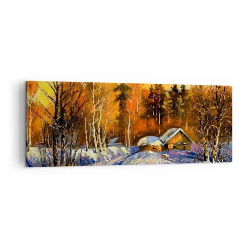 Impression sur toile - Image sur toile - Paysage d'hiver avec une maison à la lumière du soleil couchant - 140x50cm - Impression d'hiver au soleil - Décoration murale moderne pour le salon et la chambre ARTTOR