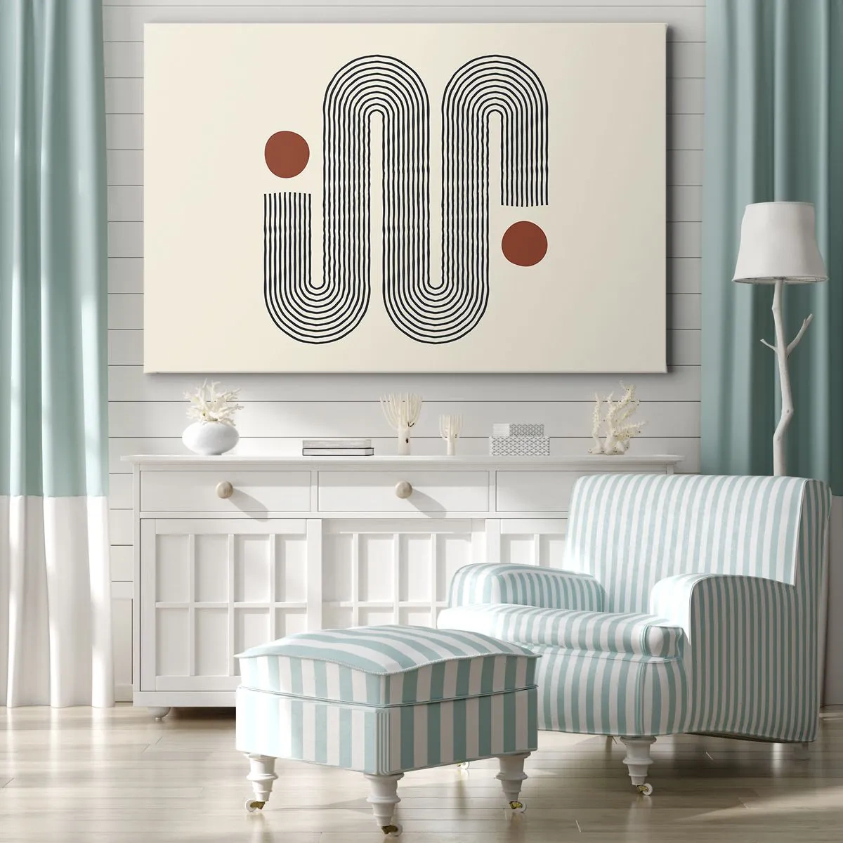 Impression sur toile - Image sur toile - Motif géométrique avec des lignes et des cercles orange - 70x50cm - Du début à la fin - Décoration murale moderne pour le salon et la chambre ARTTOR