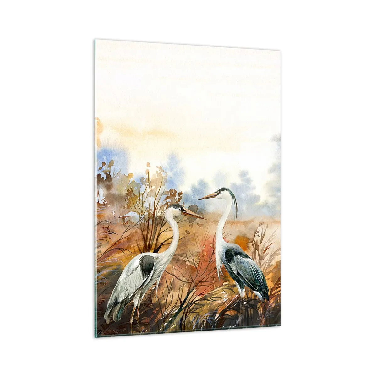 Impression sur verre - Image sur verre - Deux grues dans un paysage d'automne peint à l'aquarelle - 50x70cm - Jusqu'où en automne ? - Décoration murale moderne pour le salon et la chambre ARTTOR