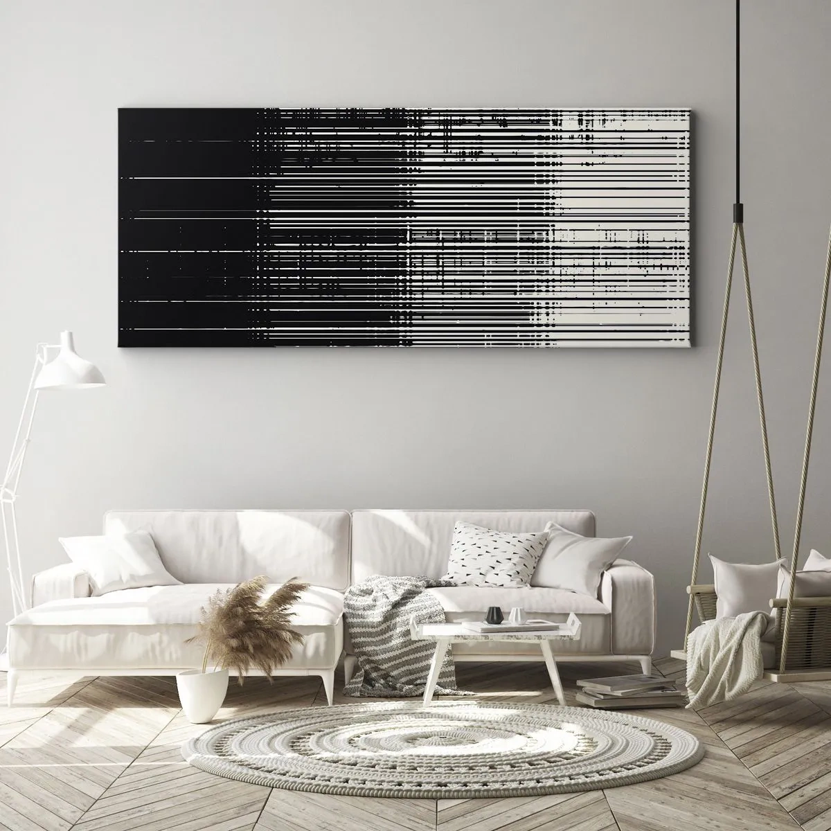 Impression sur toile - Image sur toile - Composition abstraite de lignes en noir et blanc contrastés - 160x50cm - Ondes et vibrations - Décoration murale moderne pour le salon et la chambre ARTTOR
