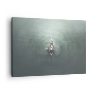 Impression sur toile - Image sur toile - Un bateau solitaire sur une eau calme dans un décor minimaliste - 70x50cm - À travers le lac de la lune - Décoration murale moderne pour le salon et la chambre ARTTOR