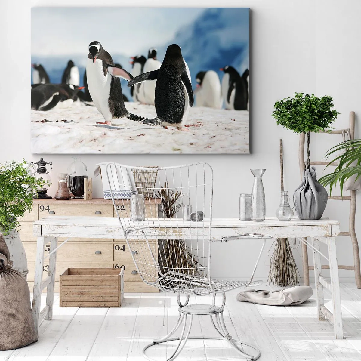 Impression sur toile - Image sur toile - Un groupe de pingouins dans la neige dans un paysage antarctique - 70x50cm - Danser dans la neige - Décoration murale moderne pour le salon et la chambre ARTTOR