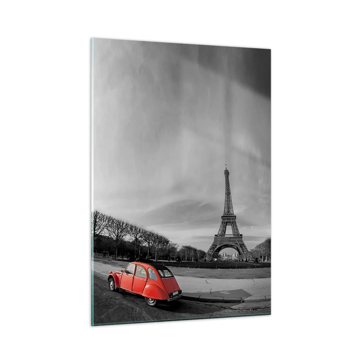 Impression sur verre - Image sur verre - Une voiture rouge avec la Tour Eiffel en arrière-plan dans un décor noir et blanc - 50x70cm - Plus parisien que Paris lui-même - Décoration murale moderne pour le salon et la chambre ARTTOR